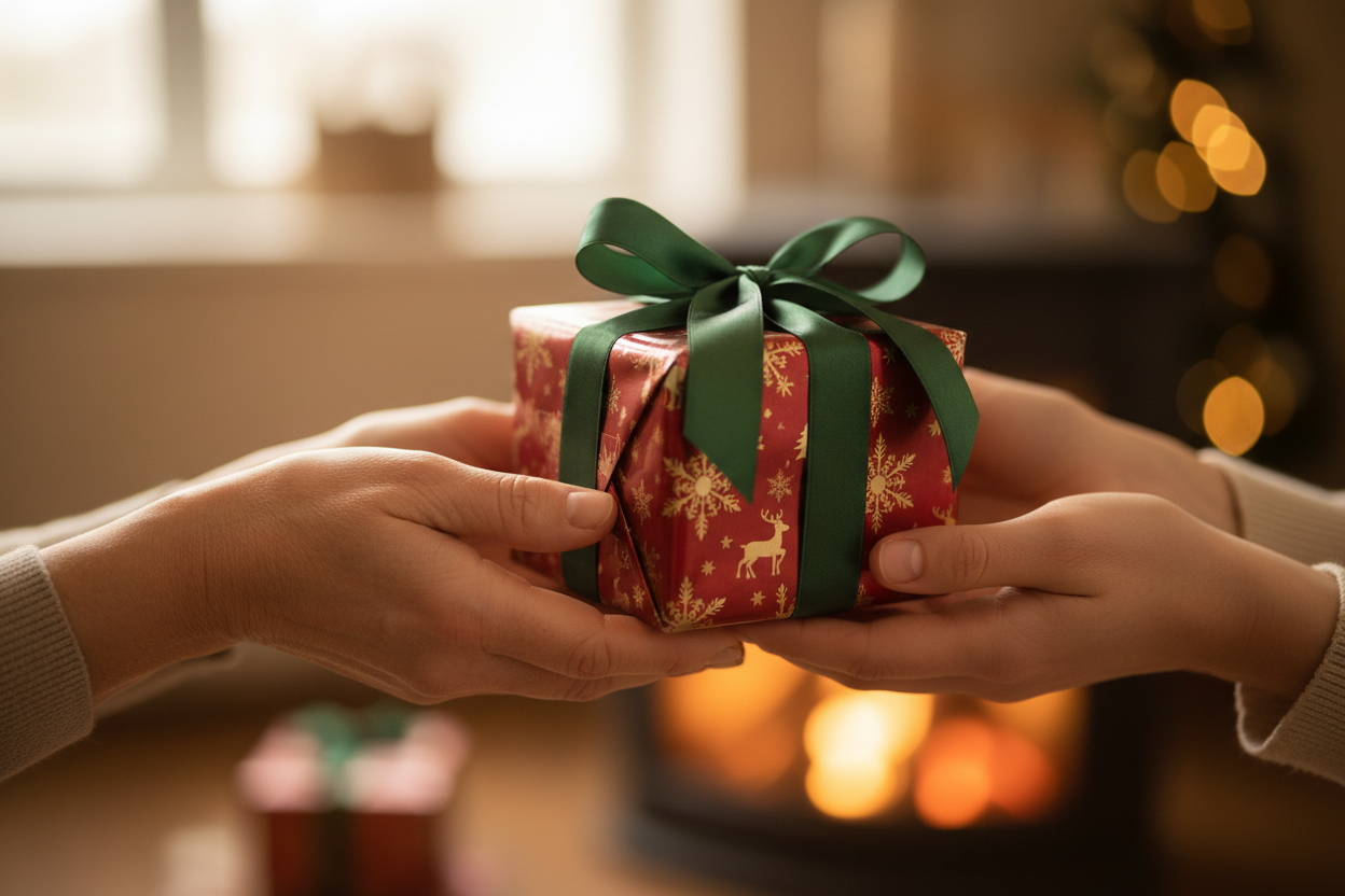 utwórz film na którym widać dłonie które dają mały zapakowany prezent drugiej osobie 